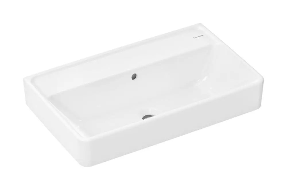 Weißer Waschtisch mit rechteckiger Form und Überlauf, ohne Hahnloch. Von Hansgrohe, geeignet für moderne Badezimmer.